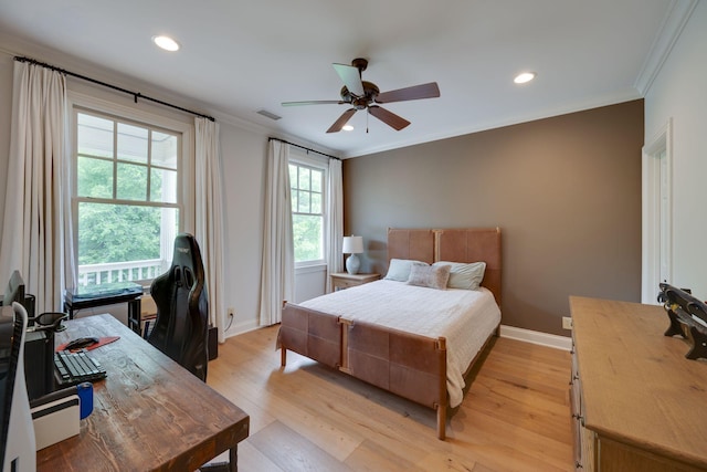 622 Stonewater Blvd, Franklin, TN 37064 - bedroom with crown molding, light wood-type flooring, recessed lighting, baseboards, and a ceiling fan