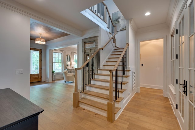 622 Stonewater Blvd, Franklin, TN 37064 - stairway with hardwood / wood-style floors, baseboards, ornamental molding, a chandelier, and recessed lighting