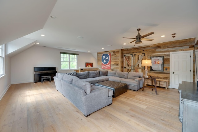 622 Stonewater Blvd, Franklin, TN 37064 - living area featuring wood walls, a ceiling fan, light wood finished floors, recessed lighting, and baseboards