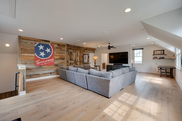 622 Stonewater Blvd, Franklin, TN 37064 - living room featuring wood walls, wood finished floors, recessed lighting, baseboards, and a ceiling fan