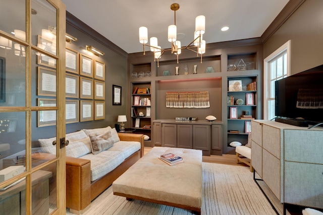622 Stonewater Blvd, Franklin, TN 37064 - living room with crown molding, a chandelier, built in shelves, light wood-type flooring, and recessed lighting