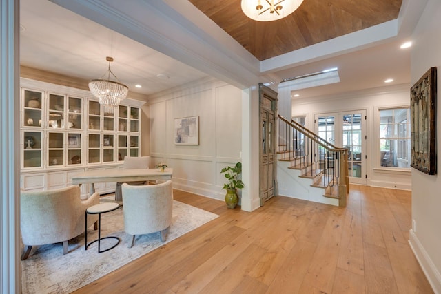622 Stonewater Blvd, Franklin, TN 37064 - living area with light wood-style floors, ornamental molding, stairway, a chandelier, and recessed lighting