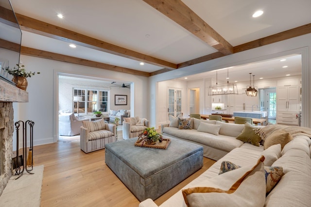 622 Stonewater Blvd, Franklin, TN 37064 - living area featuring beamed ceiling, light wood-style floors, recessed lighting, a chandelier, and baseboards