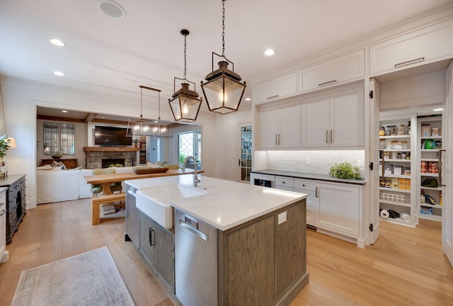 622 Stonewater Blvd, Franklin, TN 37064 - kitchen with a sink, stainless steel dishwasher, light wood-style floors, a fireplace, and white cabinets