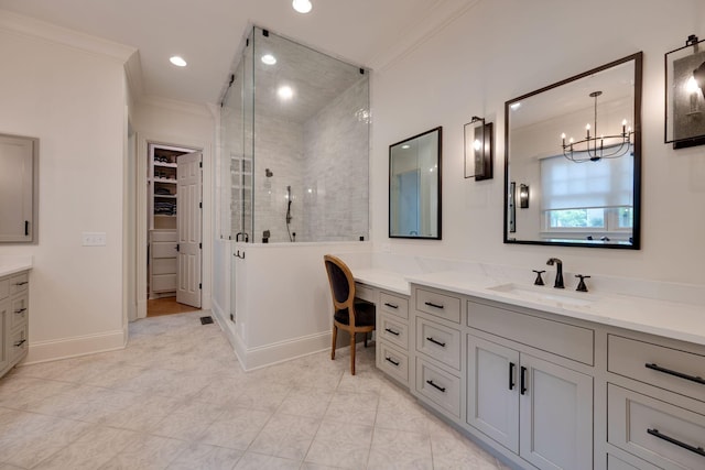 622 Stonewater Blvd, Franklin, TN 37064 - full bath with crown molding, vanity, a stall shower, a chandelier, and recessed lighting