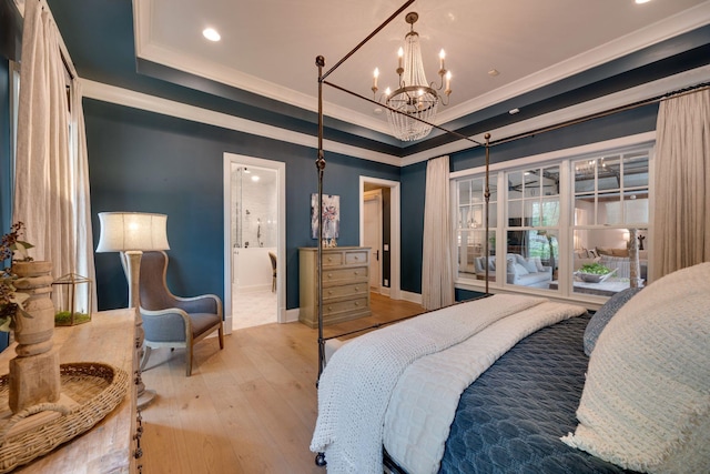 622 Stonewater Blvd, Franklin, TN 37064 - bedroom featuring a chandelier, hardwood / wood-style flooring, a tray ceiling, ornamental molding, and recessed lighting