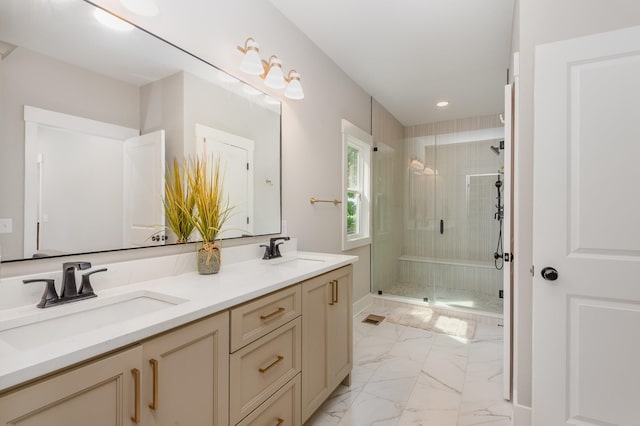 4345 S Garrett Rd, Springfield, TN 37172 - bathroom with a shower stall, marble finish flooring, double vanity, and recessed lighting