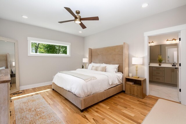 4345 S Garrett Rd, Springfield, TN 37172 - bedroom featuring recessed lighting, connected bathroom, light wood-style flooring, a ceiling fan, and baseboards