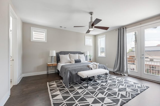 bedroom featuring french doors, access to outside, baseboards, and wood finished floors