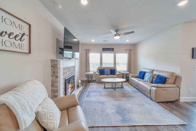 4022 Arrowleaf Ln, Antioch, TN 37013 - living room with wood finished floors, a ceiling fan, recessed lighting, a fireplace, and baseboards