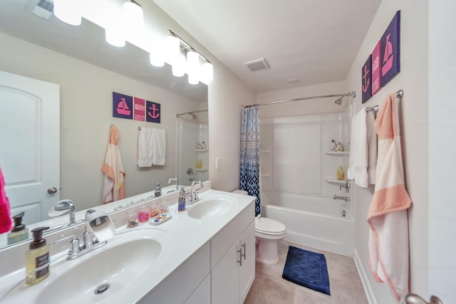 4022 Arrowleaf Ln, Antioch, TN 37013 - full bath featuring shower / bath combo, tile patterned flooring, toilet, and double vanity