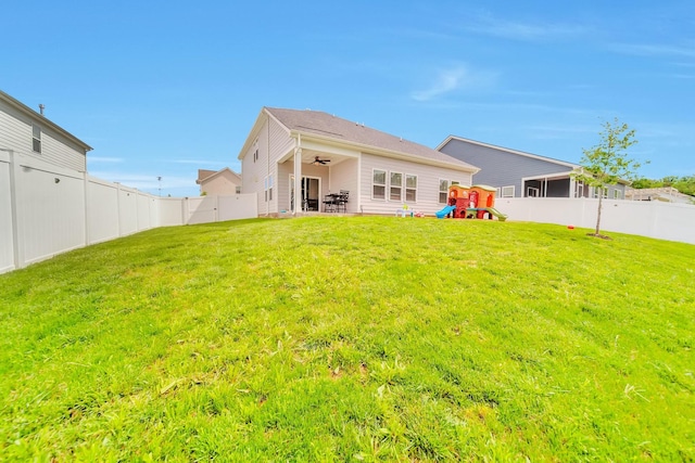 4022 Arrowleaf Ln, Antioch, TN 37013 - back of house featuring a playground, a ceiling fan, and a patio