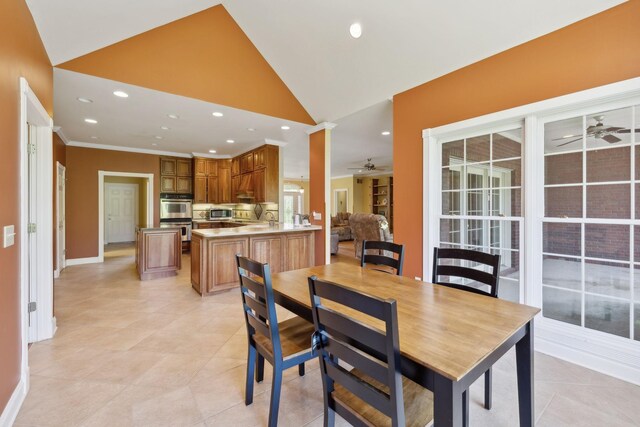 219 Dale Ln, Hilham, TN 38568 - dining space with a ceiling fan, recessed lighting, vaulted ceiling, baseboards, and light tile patterned floors