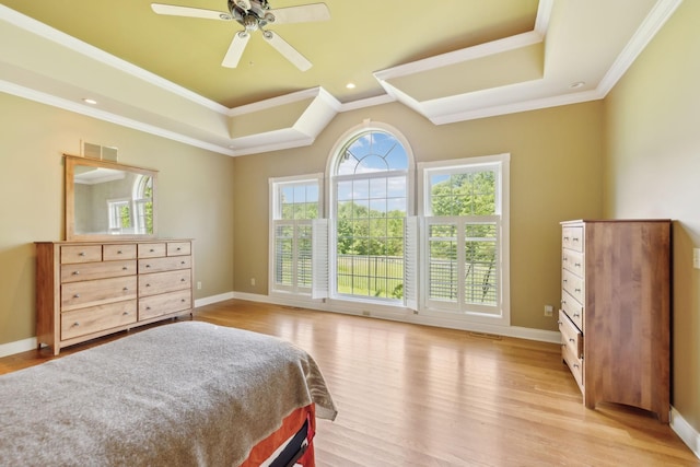 219 Dale Ln, Hilham, TN 38568 - bedroom with multiple windows, light wood-type flooring, crown molding, a raised ceiling, and baseboards