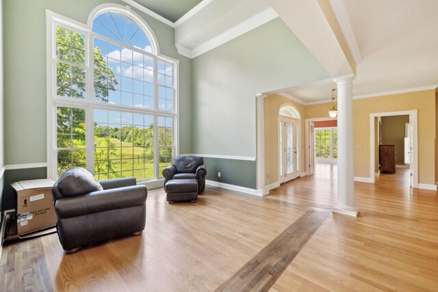 219 Dale Ln, Hilham, TN 38568 - living area featuring decorative columns, plenty of natural light, wood finished floors, ornamental molding, and baseboards