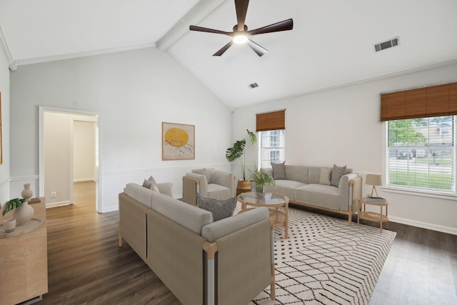 living area featuring wood finished floors, a ceiling fan, beam ceiling, high vaulted ceiling, and baseboards
