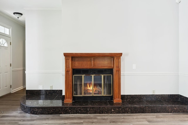 detailed view of a glass covered fireplace, crown molding, and wood finished floors