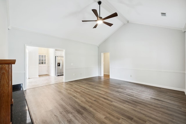 unfurnished living room featuring a ceiling fan, beamed ceiling, dark wood-style floors, baseboards, and high vaulted ceiling