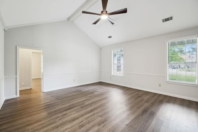 empty room featuring healthy amount of natural light, ceiling fan, dark wood-style floors, and baseboards