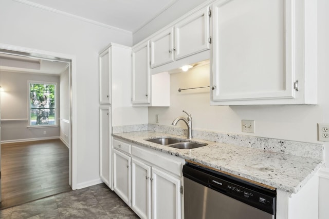 kitchen with dishwasher, a sink, white cabinetry, ornamental molding, and light stone counters