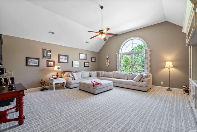 3015 Prince Dr, Clarksville, TN 37043 - living area featuring vaulted ceiling, carpet flooring, ceiling fan, and baseboards