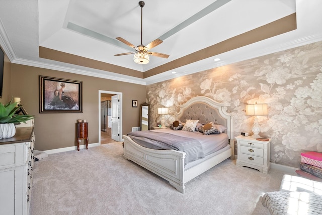 3015 Prince Dr, Clarksville, TN 37043 - bedroom featuring a tray ceiling, light colored carpet, baseboards, ornamental molding, and wallpapered walls