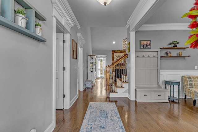 1002 Loblolly Dr, Murfreesboro, TN 37128 - foyer entrance with stairway, wood finished floors, ornamental molding, a wainscoted wall, and recessed lighting