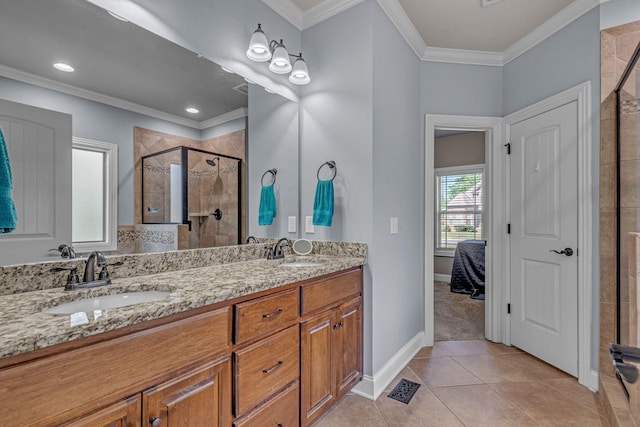 1002 Loblolly Dr, Murfreesboro, TN 37128 - ensuite bathroom with a shower stall, ornamental molding, tile patterned flooring, double vanity, and baseboards