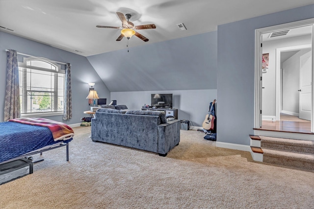 1002 Loblolly Dr, Murfreesboro, TN 37128 - living room featuring a ceiling fan, carpet floors, baseboards, and lofted ceiling