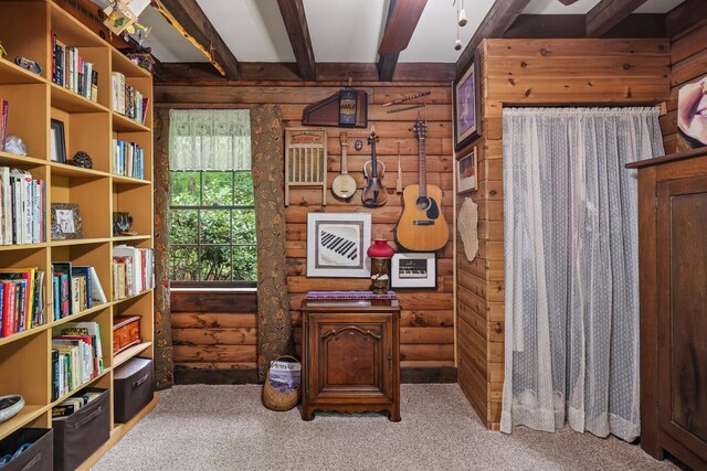 7261 Kingston Rd, Fairview, TN 37062 - office area with carpet flooring, beam ceiling, and log walls