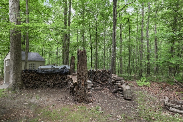 7261 Kingston Rd, Fairview, TN 37062 - view of yard featuring a storage shed, an outbuilding, and a forest view