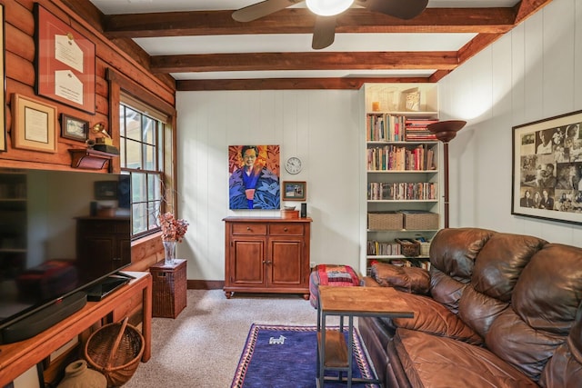 7261 Kingston Rd, Fairview, TN 37062 - living room with carpet flooring, ceiling fan, beamed ceiling, and wood walls