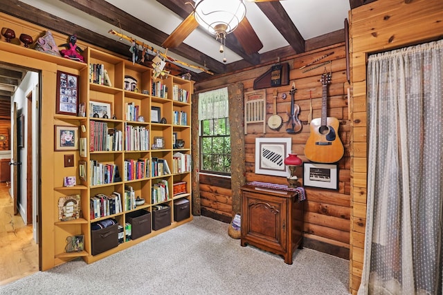 7261 Kingston Rd, Fairview, TN 37062 - home office with beamed ceiling, carpet flooring, wood walls, and ceiling fan