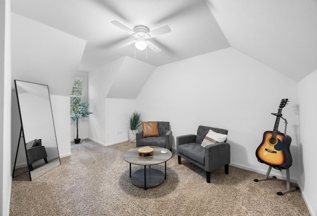 living area with vaulted ceiling, carpet flooring, a ceiling fan, and baseboards