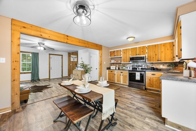 kitchen featuring appliances with stainless steel finishes, a sink, dark countertops, ceiling fan, and dark wood-style flooring