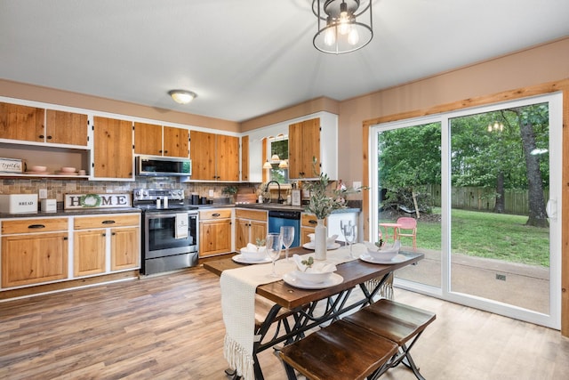 kitchen with appliances with stainless steel finishes, a sink, backsplash, and light wood-style flooring