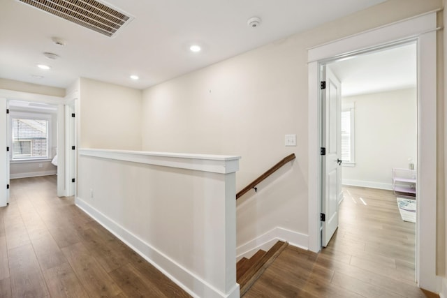 9015 Grayson Cir, Mount Juliet, TN 37122 - corridor featuring an upstairs landing, wood finished floors, baseboards, and recessed lighting