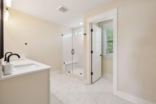 9015 Grayson Cir, Mount Juliet, TN 37122 - full bathroom featuring marble finish floors, a stall shower, baseboards, and double vanity
