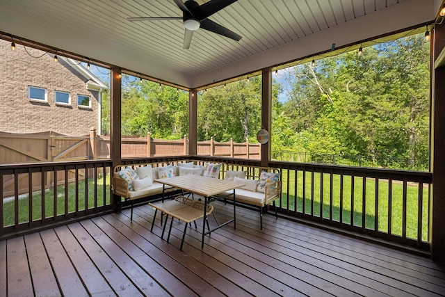 9015 Grayson Cir, Mount Juliet, TN 37122 - wooden deck featuring ceiling fan, outdoor dining space, and an outdoor living space