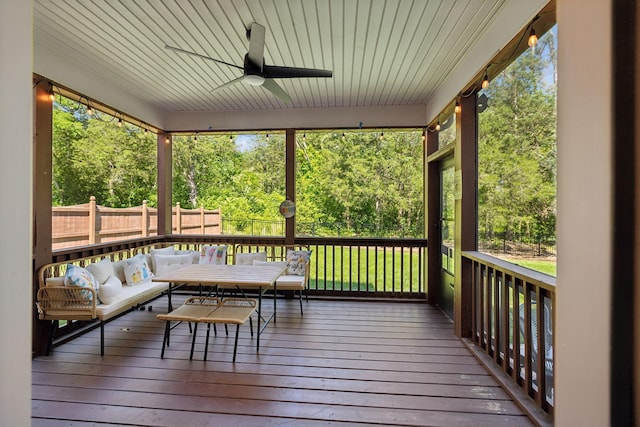 9015 Grayson Cir, Mount Juliet, TN 37122 - deck featuring ceiling fan, a fenced backyard, view of scattered trees, and outdoor lounge area