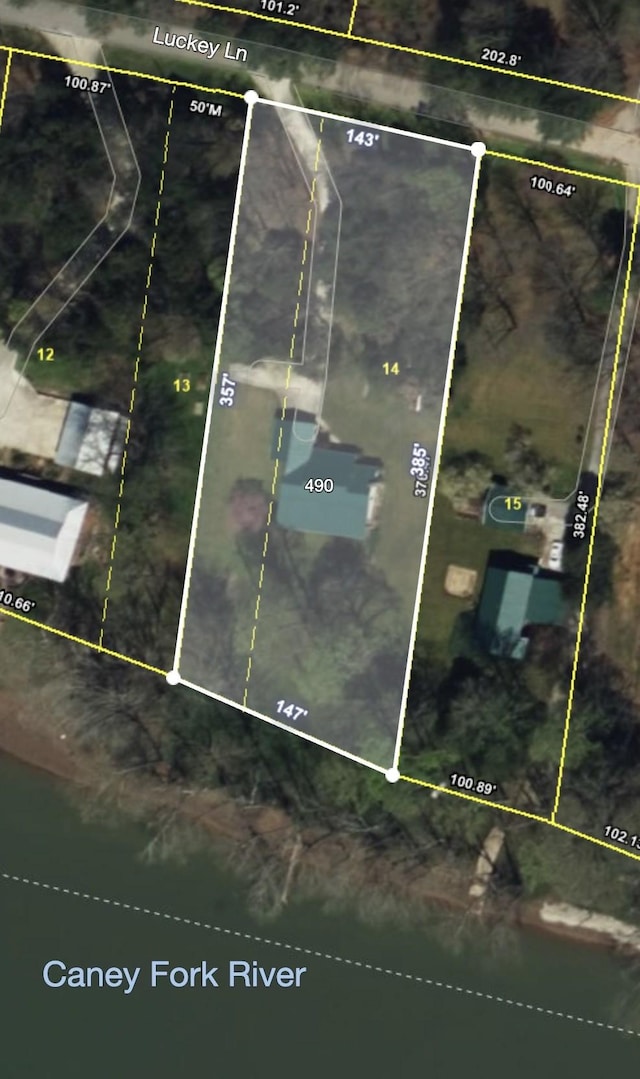 490 Luckey Ln, Sparta, TN 38583 - aerial map of property and surrounding area with property boundaries highlighted