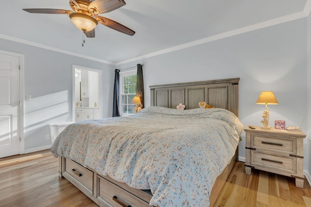 1186 Peebles Dr, Smyrna, TN 37167 - bedroom featuring crown molding, light wood-type flooring, a ceiling fan, baseboards, and ensuite bath