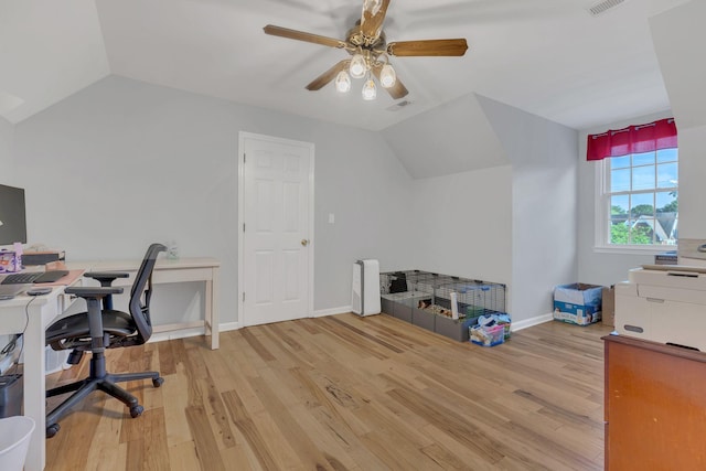 1186 Peebles Dr, Smyrna, TN 37167 - office with lofted ceiling, a ceiling fan, light wood-type flooring, and baseboards