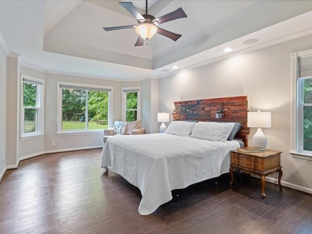 3904 Rowland Rd, Murfreesboro, TN 37128 - bedroom featuring baseboards, crown molding, a raised ceiling, dark wood-style floors, and a ceiling fan