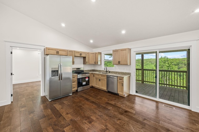 5706 Wilder Rd S, Grimsley, TN 38565 - kitchen featuring appliances with stainless steel finishes, dark wood-style flooring, a sink, lofted ceiling, and recessed lighting