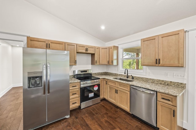 5706 Wilder Rd S, Grimsley, TN 38565 - kitchen with stainless steel appliances, lofted ceiling, dark wood-style floors, a sink, and light stone counters