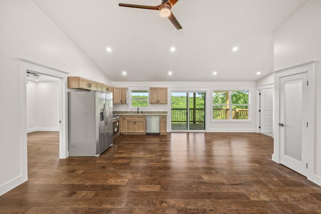 5706 Wilder Rd S, Grimsley, TN 38565 - kitchen featuring appliances with stainless steel finishes, a sink, dark wood finished floors, a ceiling fan, and recessed lighting