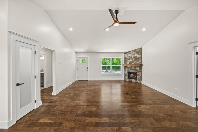 5706 Wilder Rd S, Grimsley, TN 38565 - unfurnished living room featuring a ceiling fan, wood finished floors, a fireplace, high vaulted ceiling, and recessed lighting