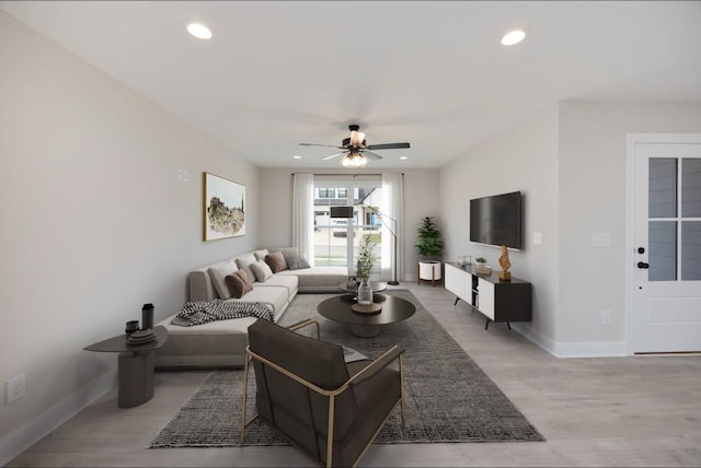 1123 Malinda Ln Unit 64, Greenbrier, TN 37073 - living area featuring ceiling fan, baseboards, light wood-style flooring, and recessed lighting