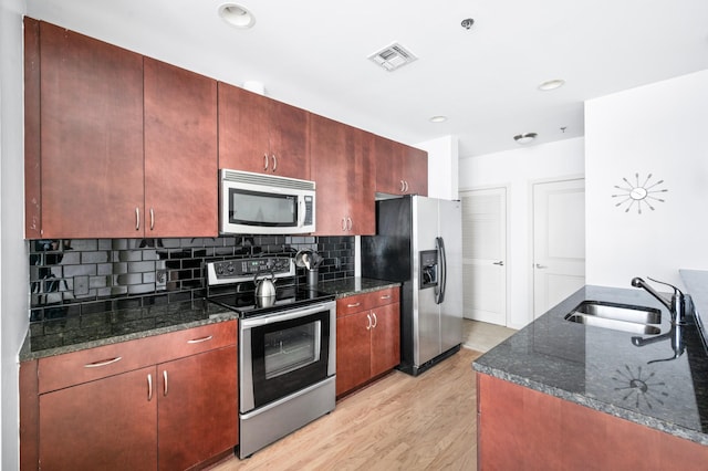 kitchen featuring appliances with stainless steel finishes, a sink, light wood-style floors, decorative backsplash, and dark stone counters